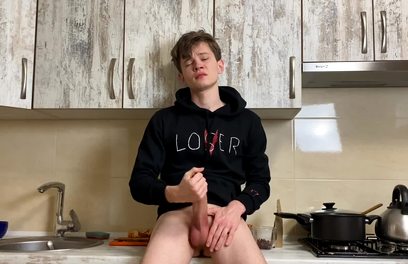 Horny College Boy Wanking at Kitchen in Сhummery & Monster Cock / Big Load